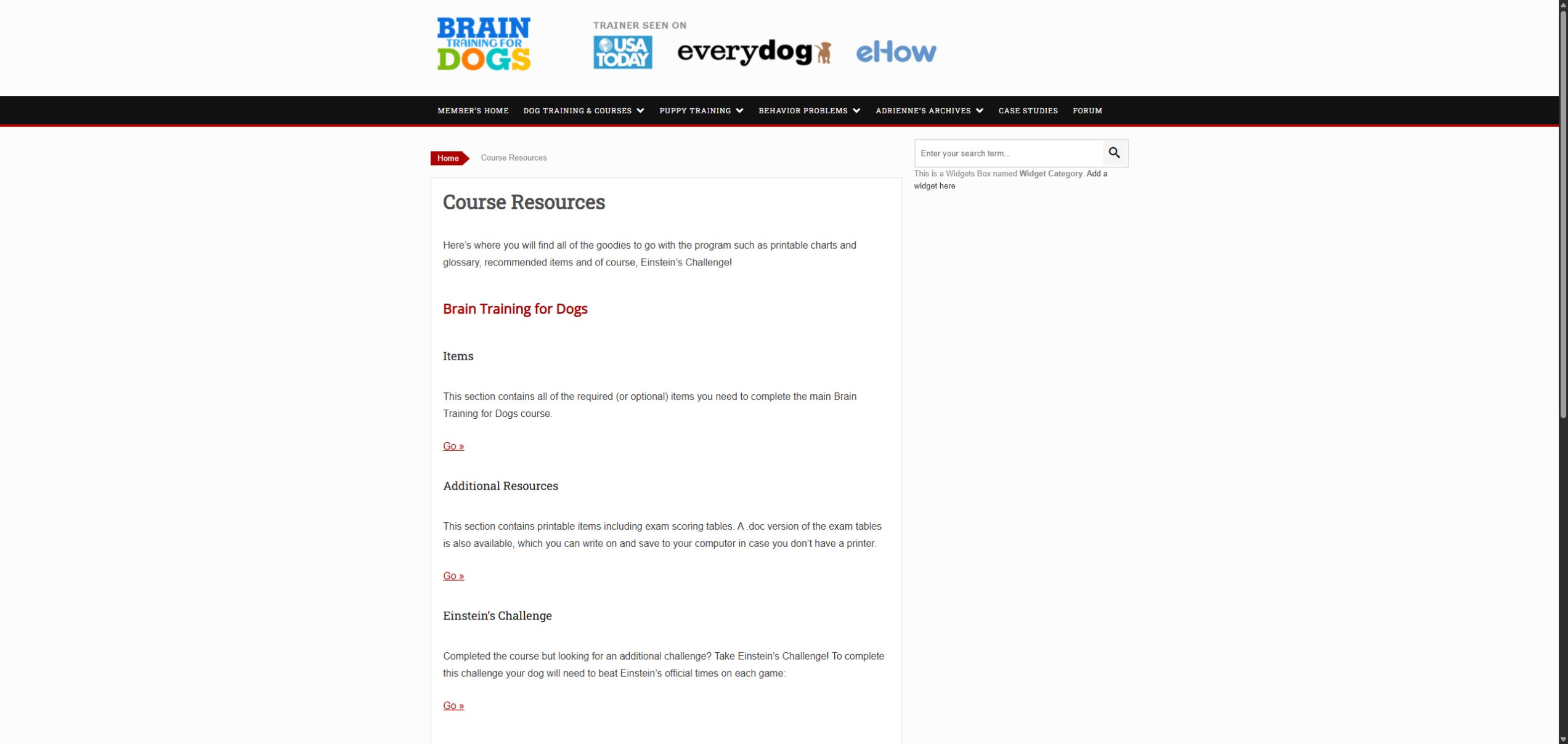 Brain Training for Dogs resources page listing items, additional resources and an extra challenge.