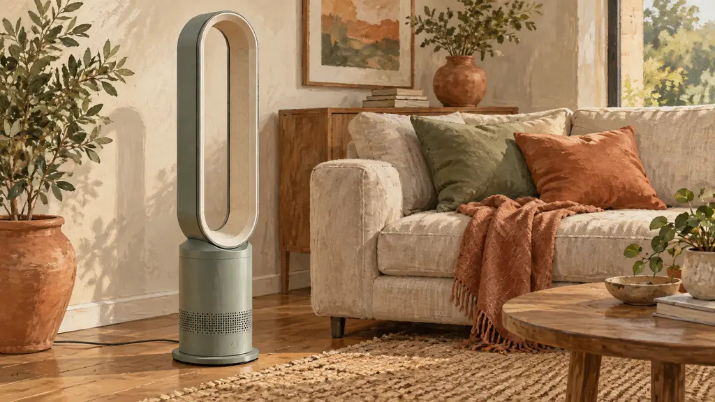 Illustration: A bladeless loop fan in a living room