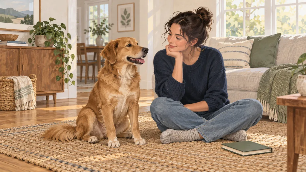 A dog and owner sitting together on a woven rug in a sunlit living room