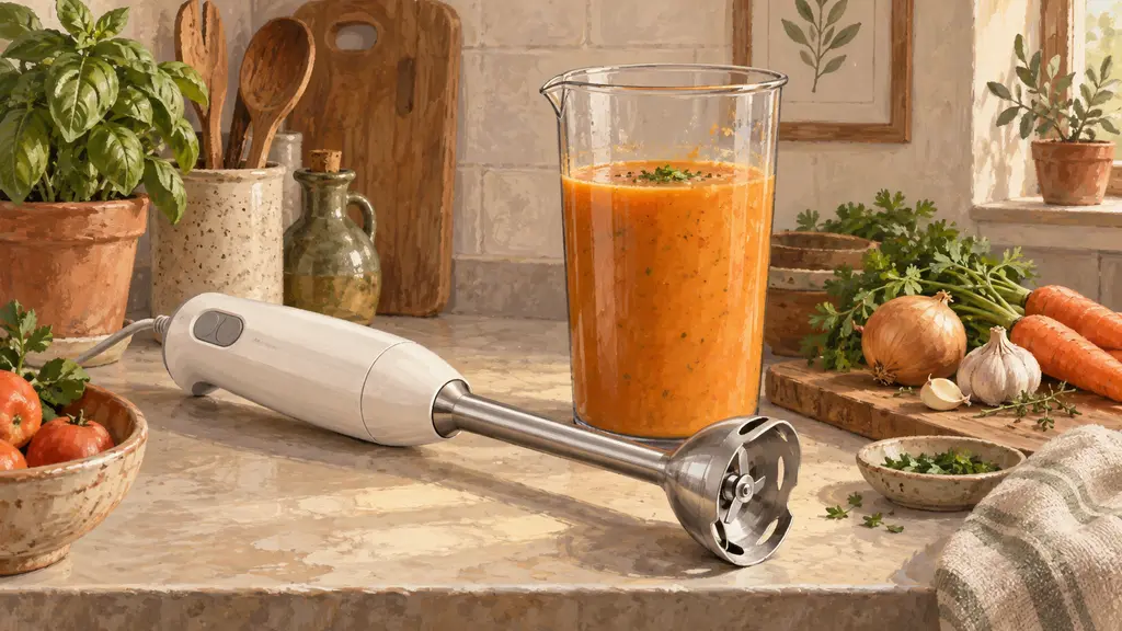 Illustration: An immersion blender beside a beaker of soup