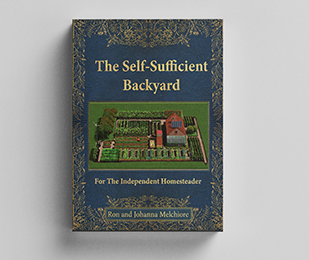 The Self-Sufficient Backyard printed book cover with title and homestead illustration.